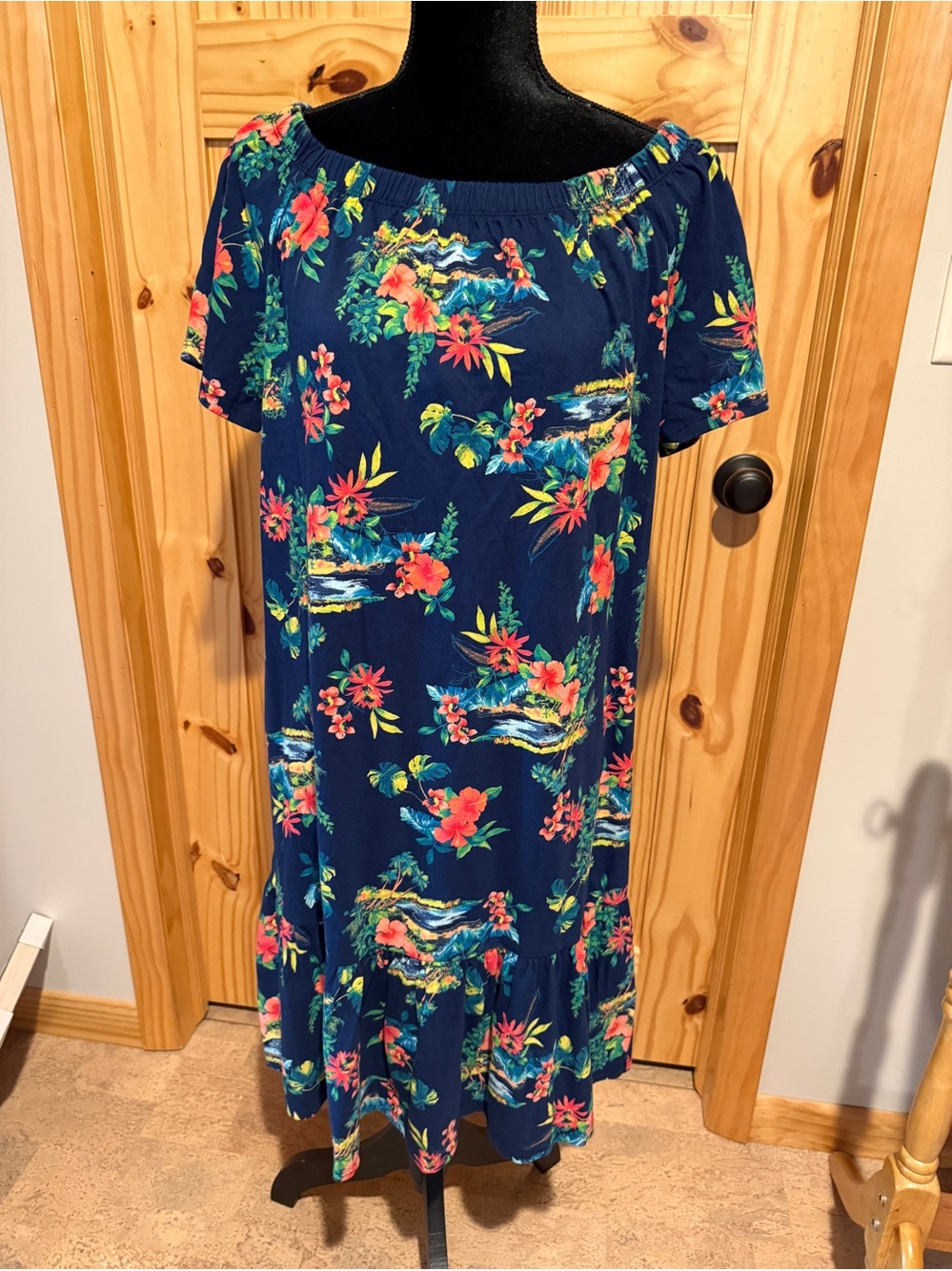Lands End navy Off-Shoulder Tropical Floral Dress, size M